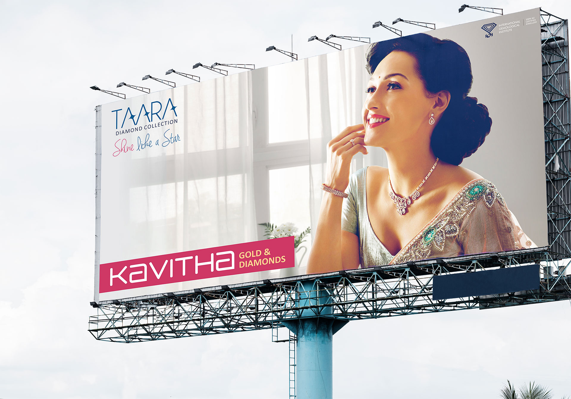 A bill board displays the Taara Diamonds collections from Kavitha Gold & Diamonds
